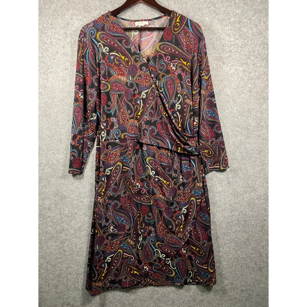 Jaclyn Smith Collection Paisley Faux Wrap Dress Long Sleeve V-Neck MulticolorXXL